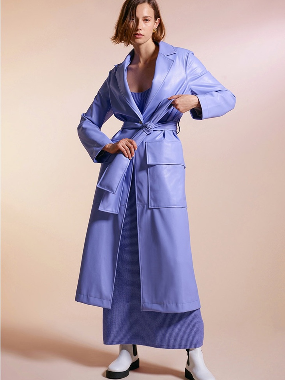 STAUD Ashley Lavender Belted Vegan Leather Trench Coat